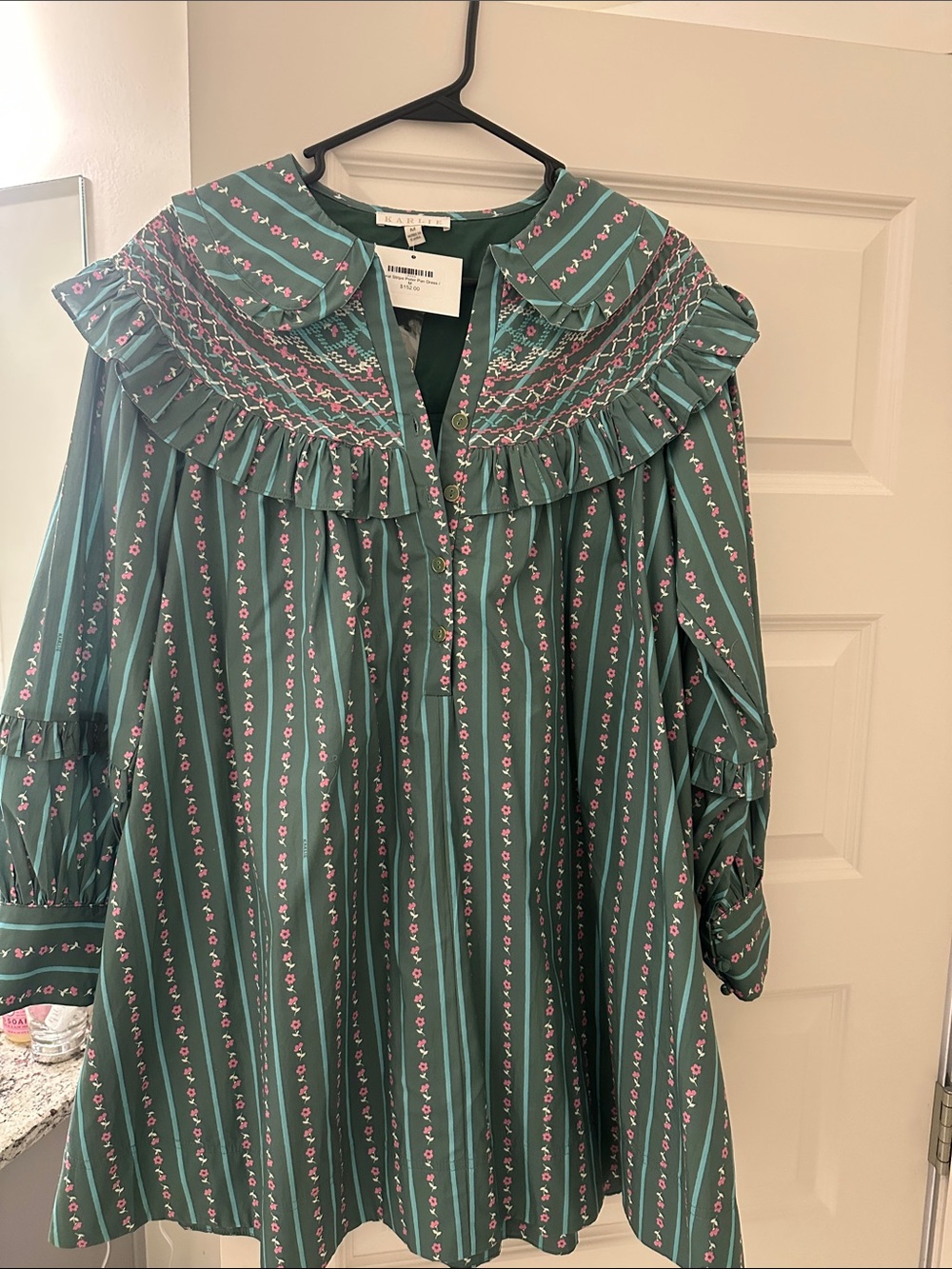 Karlie Teal Striped Dress with Pink Floral Accents